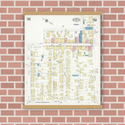 Old map wall art mockup — magnetic wood frame on brick wall — Sanborn Fire Insurance Map from Kingston, Luzerne County, Pennsylvania (1925), Sheet #0032