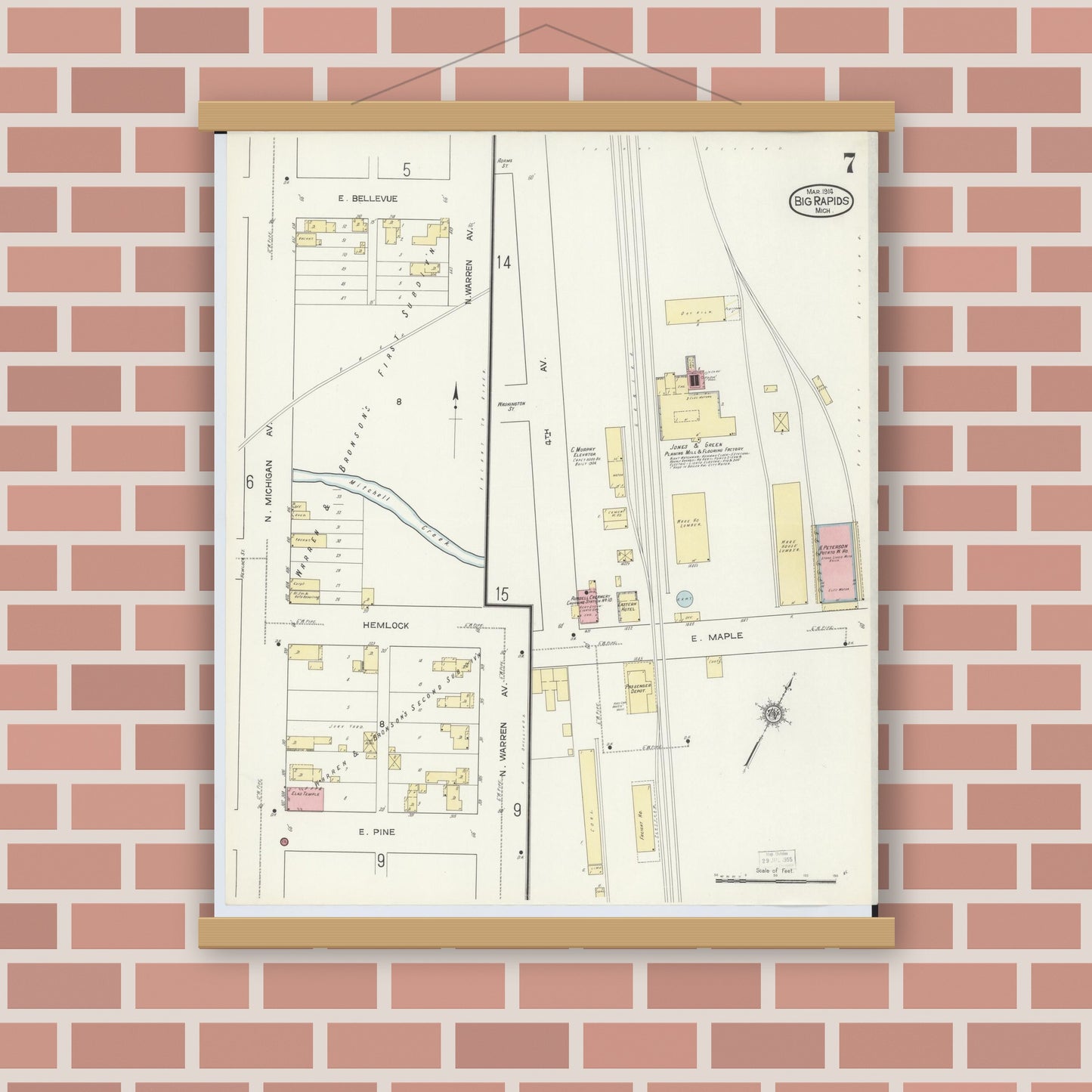 Old map wall art mockup — magnetic wood frame on brick wall — Sanborn Fire Insurance Map from Big Rapids, Mecosta County, Michigan (1914), Sheet #0007