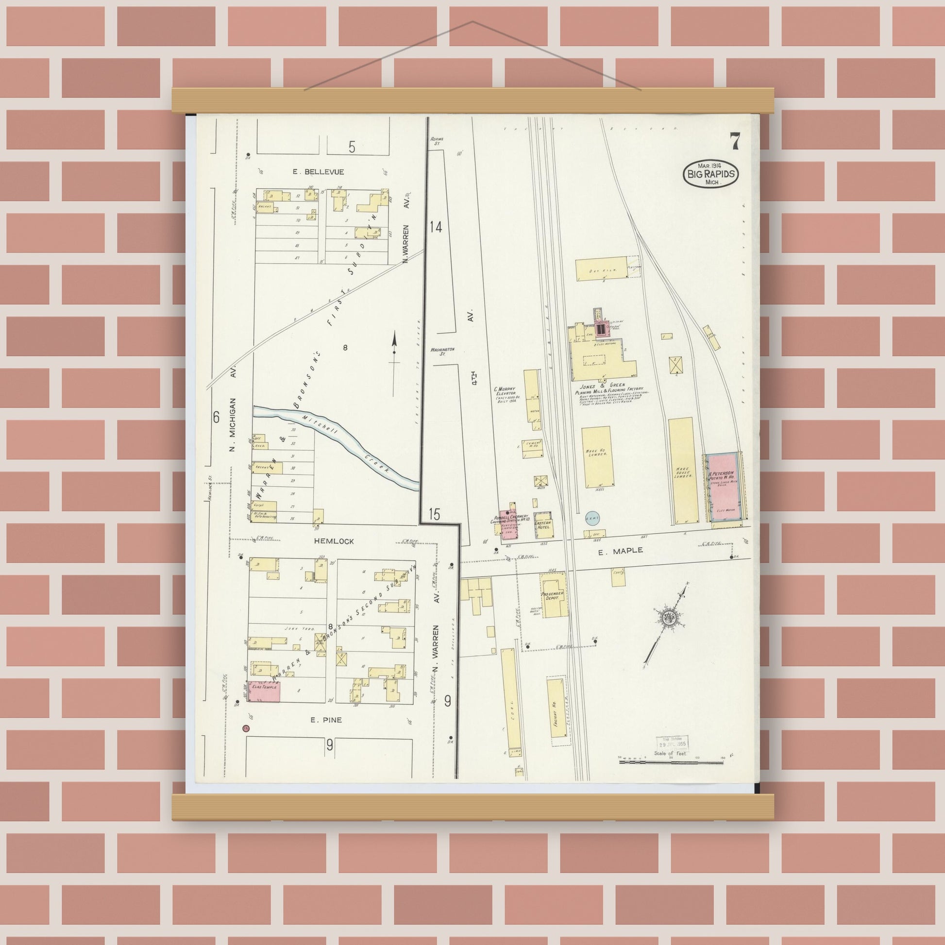 Old map wall art mockup — magnetic wood frame on brick wall — Sanborn Fire Insurance Map from Big Rapids, Mecosta County, Michigan (1914), Sheet #0007