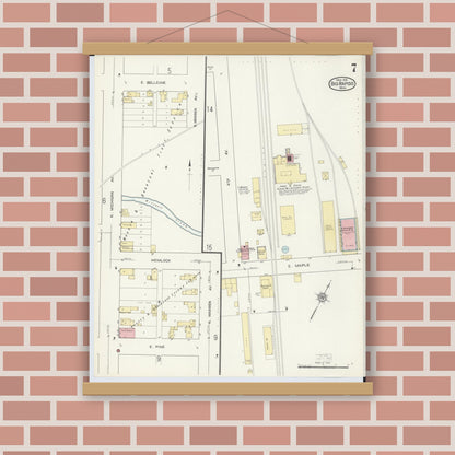 Old map wall art mockup — magnetic wood frame on brick wall — Sanborn Fire Insurance Map from Big Rapids, Mecosta County, Michigan (1914), Sheet #0007