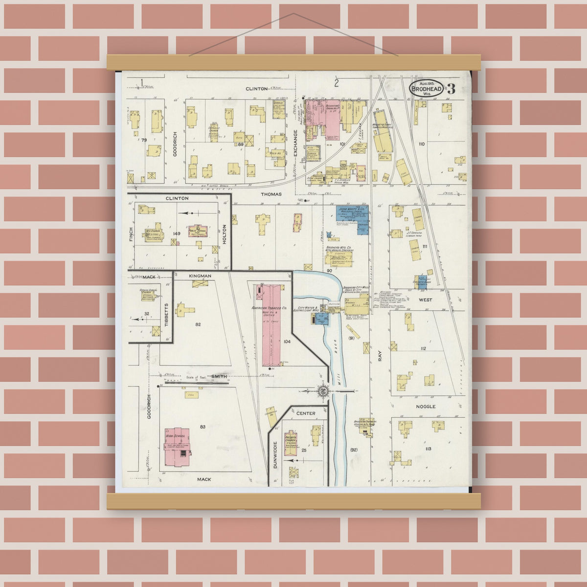 Old map wall art mockup — magnetic wood frame on brick wall — Sanborn Fire Insurance Map from Brodhead, Green County, Wisconsin (1915), Sheet #0003
