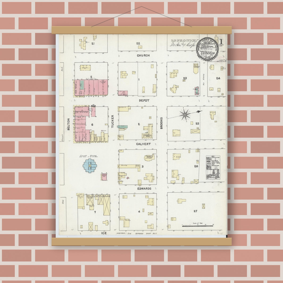 Old map wall art mockup — magnetic wood frame on brick wall — Sanborn Fire Insurance Map from Cameron, Milam County, Texas (1891) - Complete Map Set