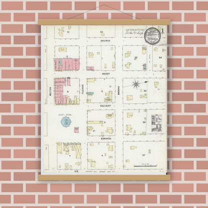 Old map wall art mockup — magnetic wood frame on brick wall — Sanborn Fire Insurance Map from Cameron, Milam County, Texas (1891) - Complete Map Set