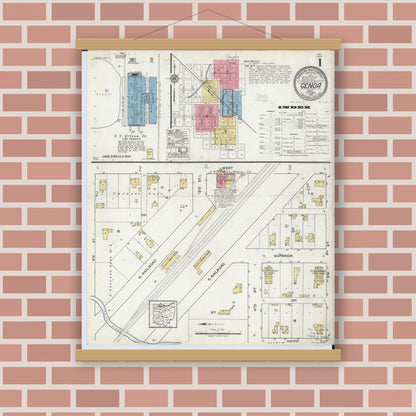 Old map wall art mockup — magnetic wood frame on brick wall — Sanborn Fire Insurance Map from Genoa, Ottawa County, Ohio (1920) - Complete Map Set