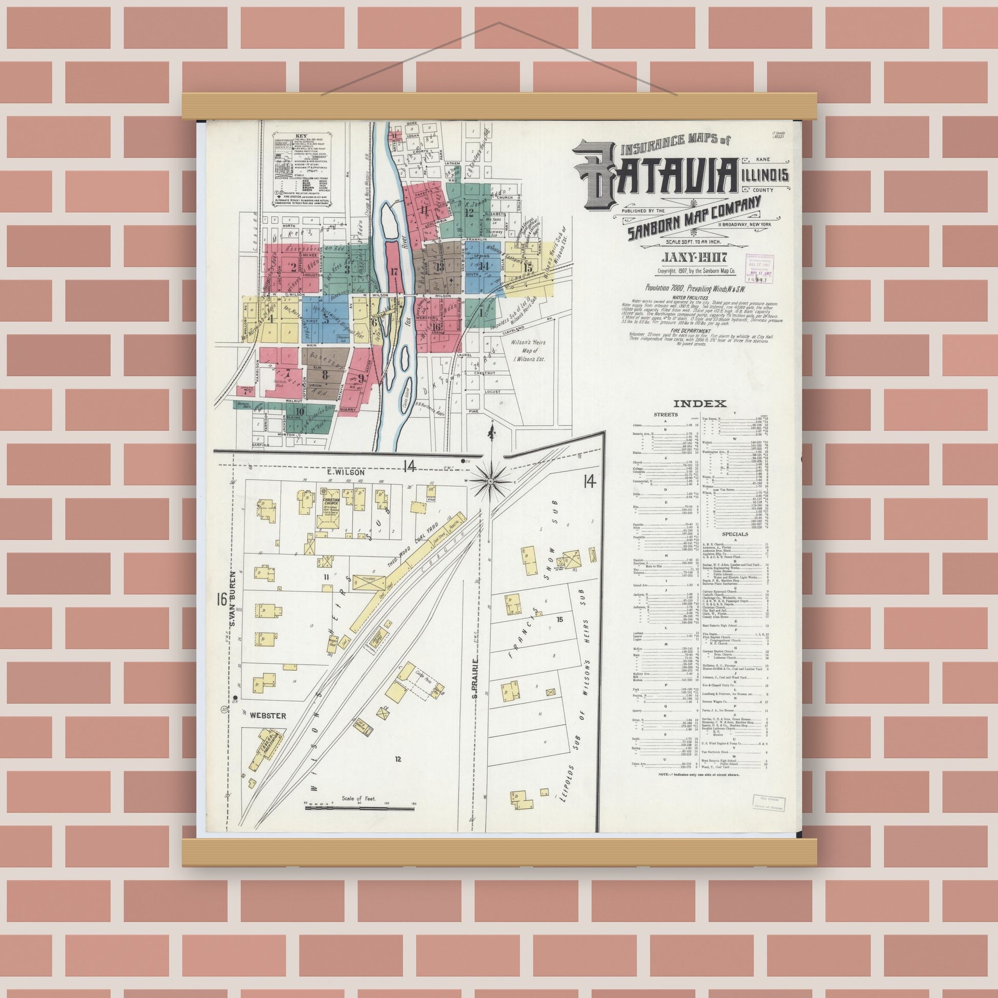Old map wall art mockup — magnetic wood frame on brick wall — Sanborn Fire Insurance Map from Batavia, Kane County, Illinois (1907) - Complete Map Set