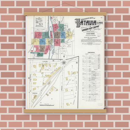 Old map wall art mockup — magnetic wood frame on brick wall — Sanborn Fire Insurance Map from Batavia, Kane County, Illinois (1907) - Complete Map Set