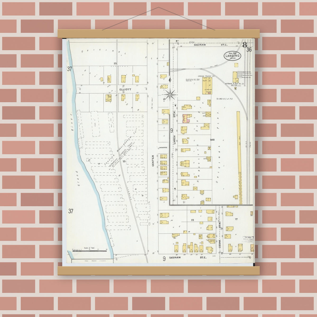 Old map wall art mockup — magnetic wood frame on brick wall — Sanborn Fire Insurance Map from Lansing, Ingham County, Michigan (1906), Sheet #0008