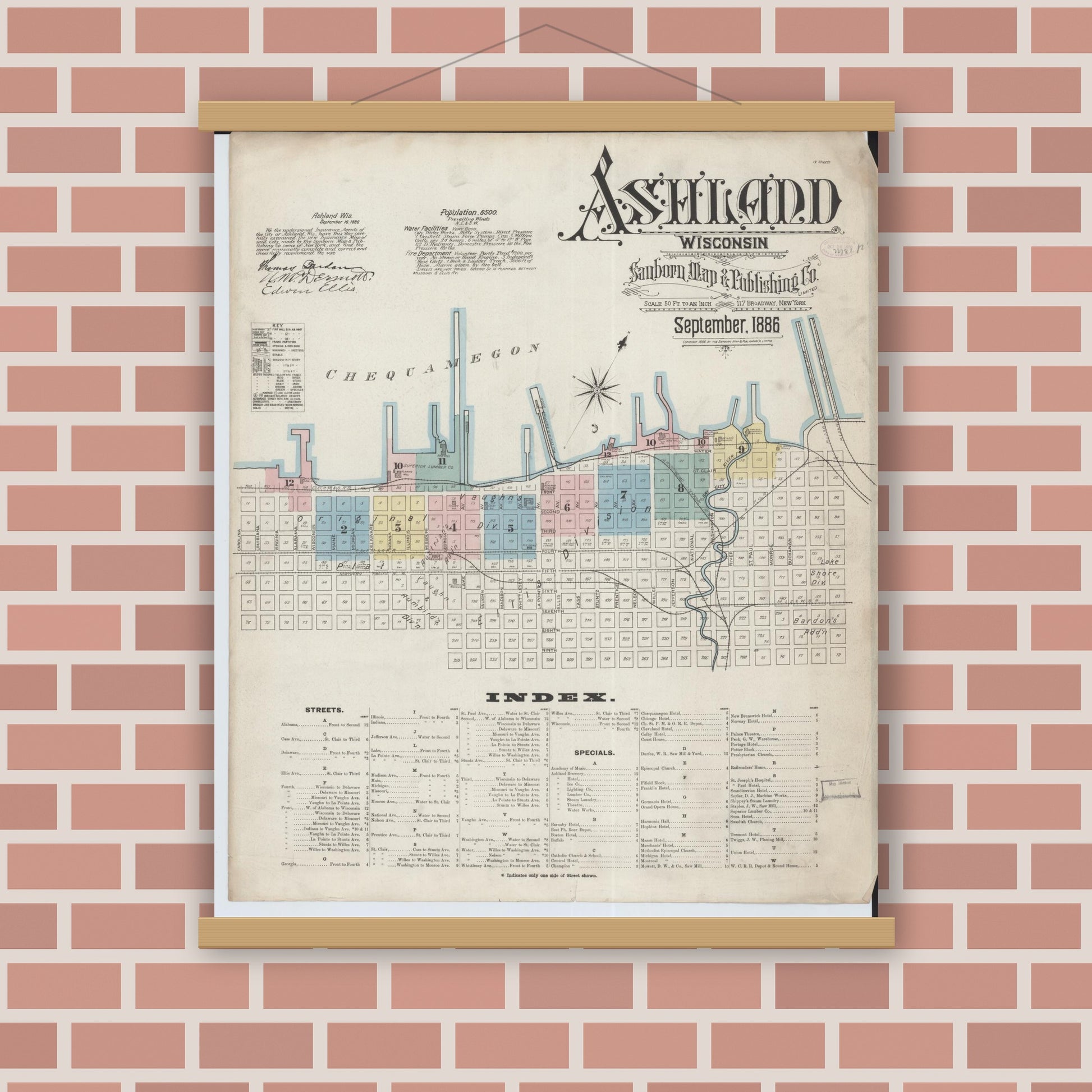 Old map wall art mockup — magnetic wood frame on brick wall — Sanborn Fire Insurance Map from Ashland, Ashland County, Wisconsin (1886) - Complete Map Set