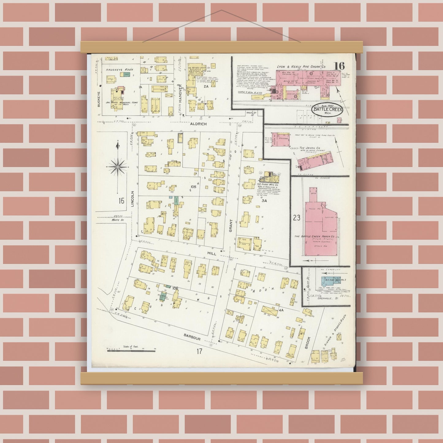 Old map wall art mockup — magnetic wood frame on brick wall — Sanborn Fire Insurance Map from Battle Creek, Calhoun County, Michigan (1907), Sheet #0016