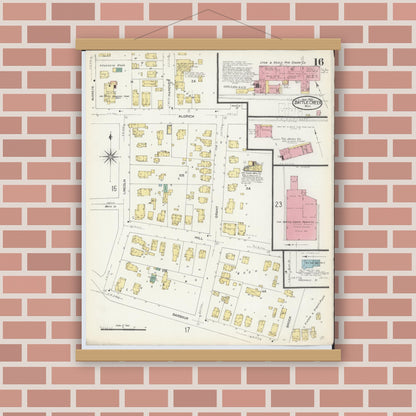 Old map wall art mockup — magnetic wood frame on brick wall — Sanborn Fire Insurance Map from Battle Creek, Calhoun County, Michigan (1907), Sheet #0016