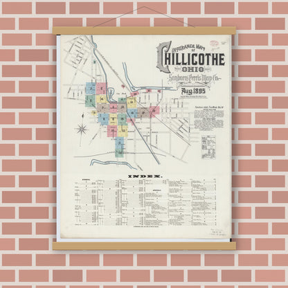 Old map wall art mockup — magnetic wood frame on brick wall — Sanborn Fire Insurance Map from Chillicothe, Ross County, Ohio (1895), Sheet #0001