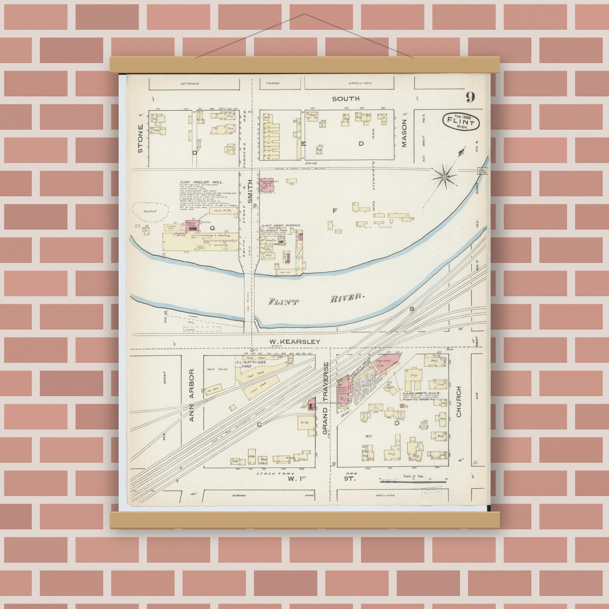 Old map wall art mockup — magnetic wood frame on brick wall — Sanborn Fire Insurance Map from Flint, Genesee County, Michigan (1886), Sheet #0009