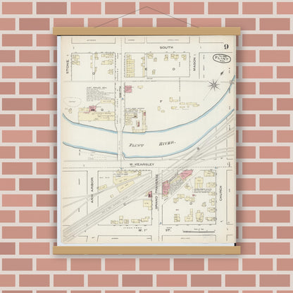Old map wall art mockup — magnetic wood frame on brick wall — Sanborn Fire Insurance Map from Flint, Genesee County, Michigan (1886), Sheet #0009