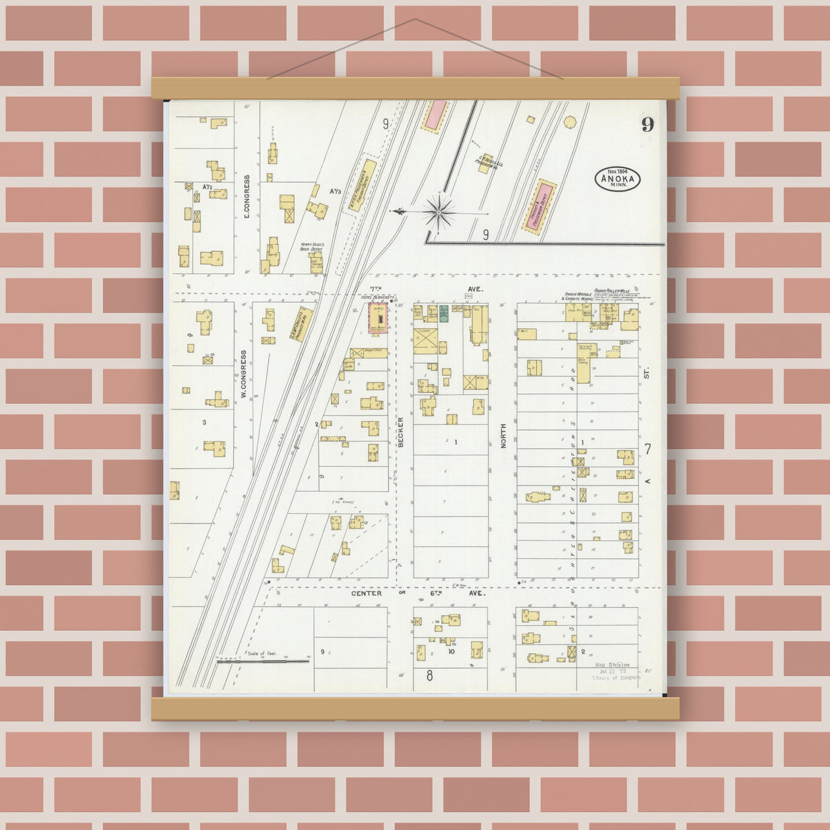 Old map wall art mockup — magnetic wood frame on brick wall — Sanborn Fire Insurance Map from Anoka, Anoka County, Minnesota (1904), Sheet #0009