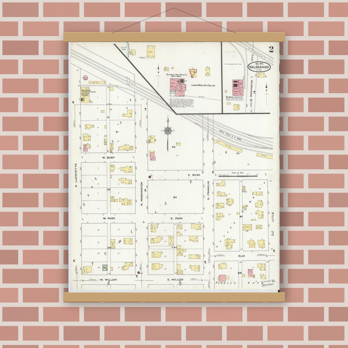 Old map wall art mockup — magnetic wood frame on brick wall — Sanborn Fire Insurance Map from Valparaiso, Porter County, Indiana (1910), Sheet #0002