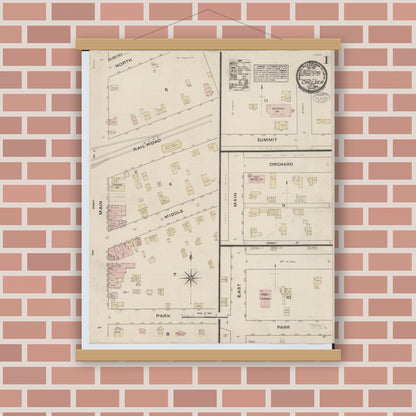 Old map wall art mockup — magnetic wood frame on brick wall — Sanborn Fire Insurance Map from Chelsea, Washtenaw County, Michigan (1884), Sheet #0001