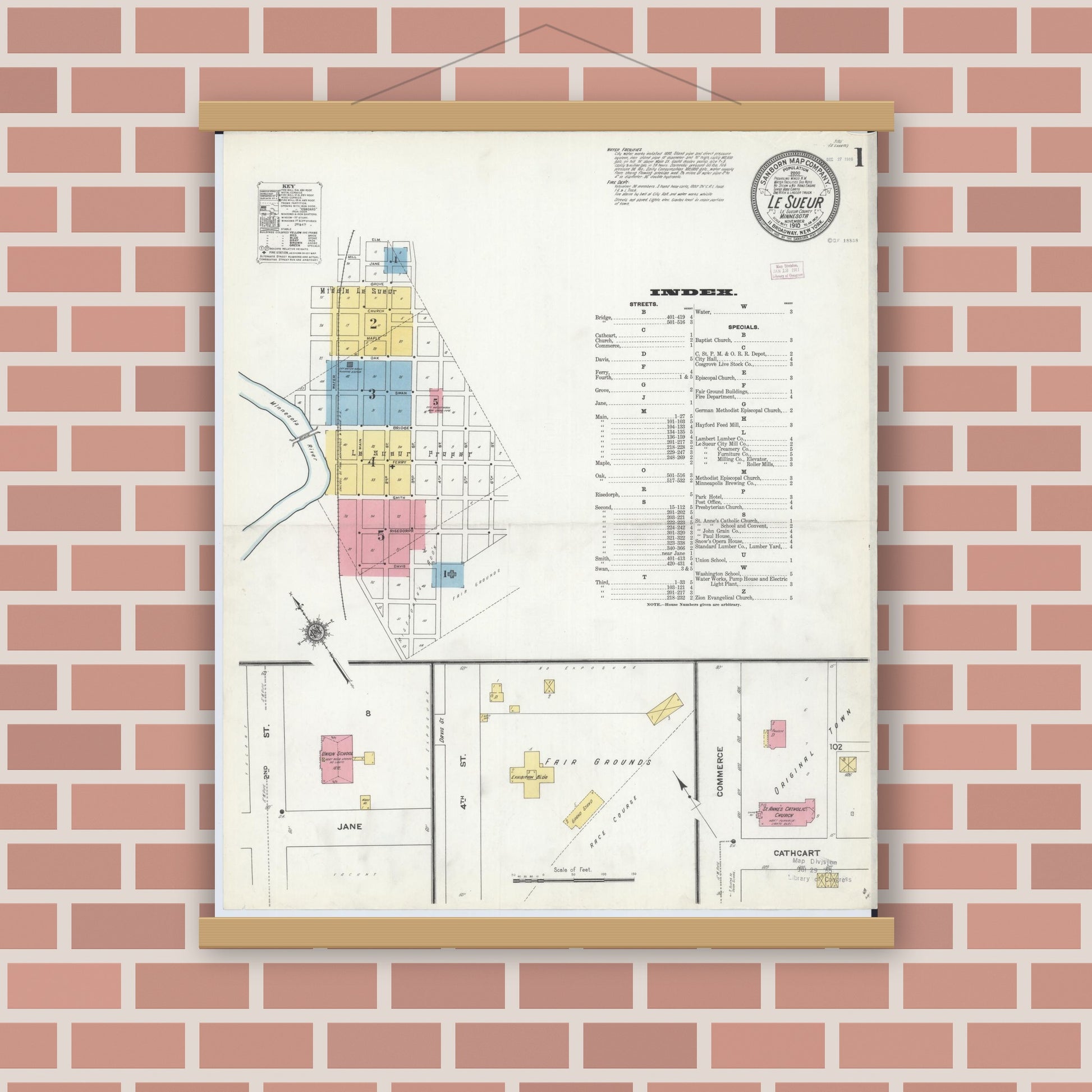 Old map wall art mockup — magnetic wood frame on brick wall — Sanborn Fire Insurance Map from Le Sueur, Le Sueur County, Minnesota (1910), Sheet #0001