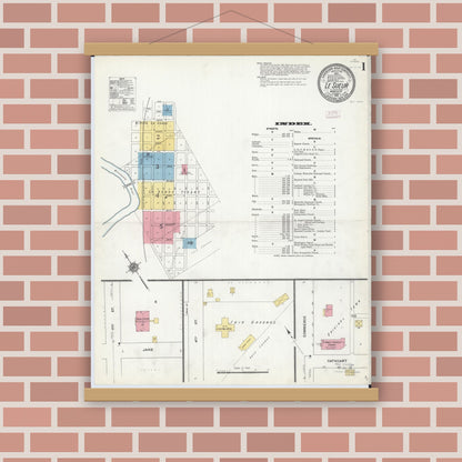 Old map wall art mockup — magnetic wood frame on brick wall — Sanborn Fire Insurance Map from Le Sueur, Le Sueur County, Minnesota (1910), Sheet #0001
