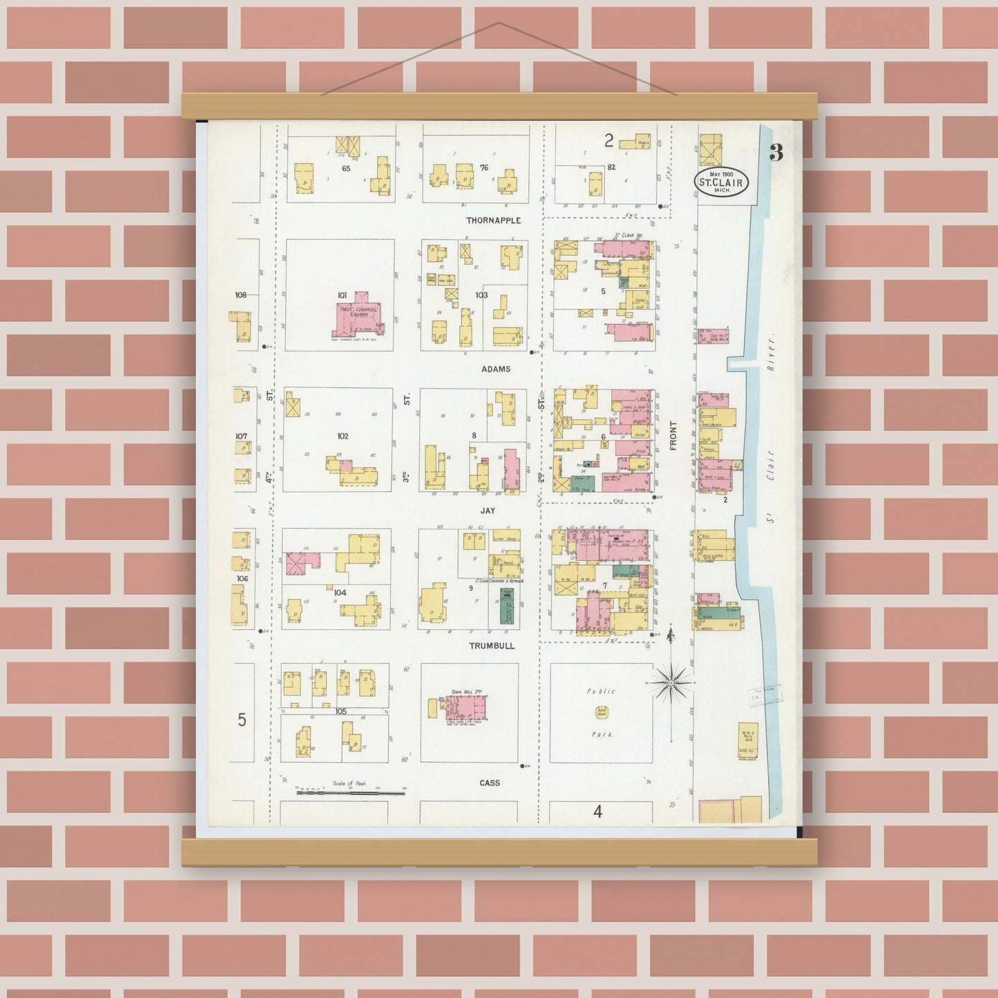 Old map wall art mockup — magnetic wood frame on brick wall — Sanborn Fire Insurance Map from Saint Clair, Saint Clair County, Michigan (1900), Sheet #0003