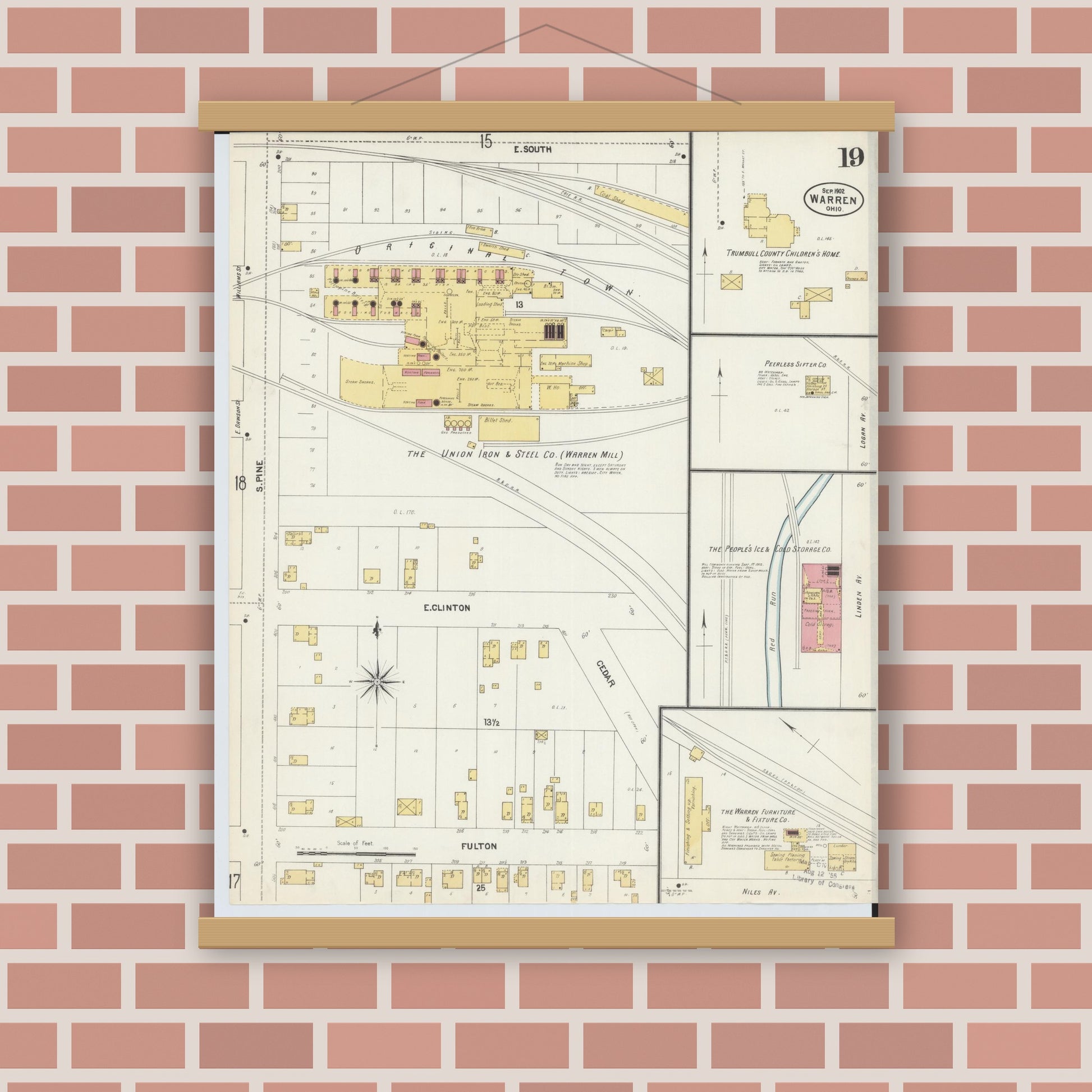Old map wall art mockup — magnetic wood frame on brick wall — Sanborn Fire Insurance Map from Warren, Trumbull County, Ohio (1902), Sheet #0019