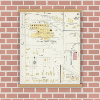 Old map wall art mockup — magnetic wood frame on brick wall — Sanborn Fire Insurance Map from Warren, Trumbull County, Ohio (1902), Sheet #0019
