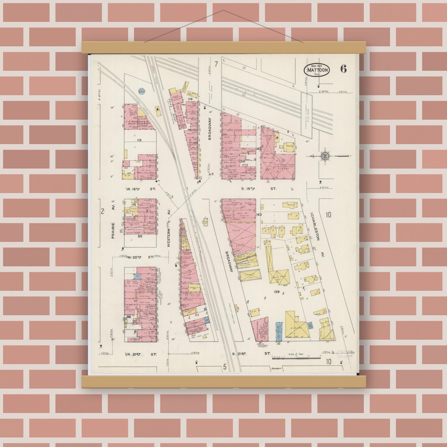 Old map wall art mockup — magnetic wood frame on brick wall — Sanborn Fire Insurance Map from Mattoon, Coles County, Illinois (1915), Sheet #0006