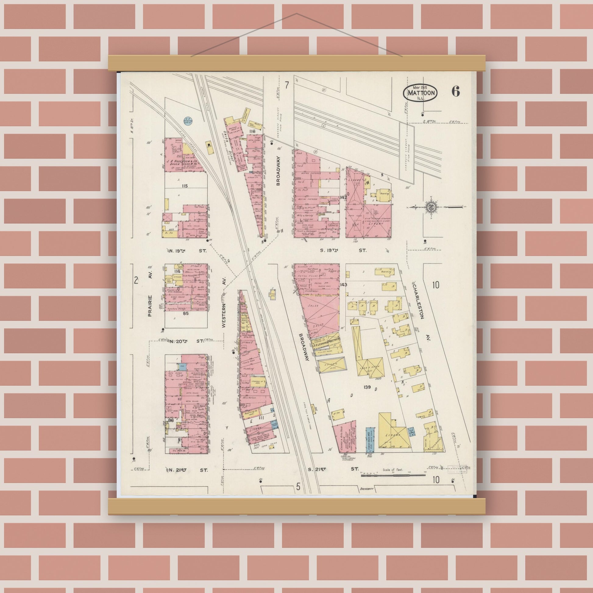 Old map wall art mockup — magnetic wood frame on brick wall — Sanborn Fire Insurance Map from Mattoon, Coles County, Illinois (1915), Sheet #0006