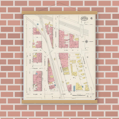 Old map wall art mockup — magnetic wood frame on brick wall — Sanborn Fire Insurance Map from Mattoon, Coles County, Illinois (1915), Sheet #0006