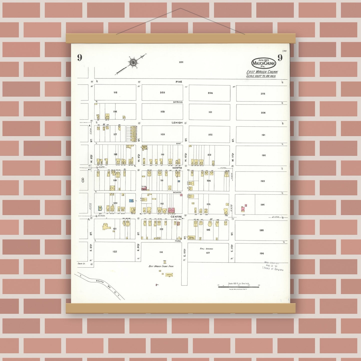Old map wall art mockup — magnetic wood frame on brick wall — Sanborn Fire Insurance Map from Mauch Chunk, Carbon County, Pennsylvania (1923), Sheet #0009