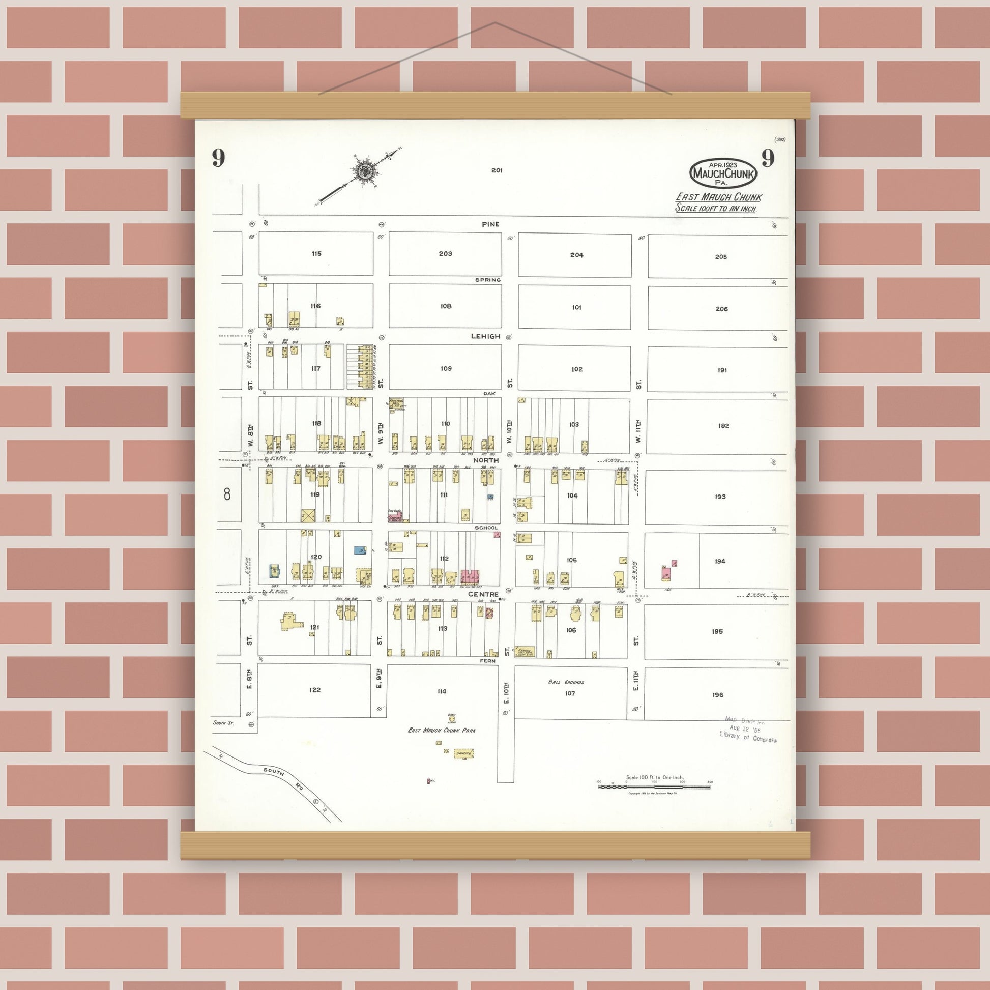 Old map wall art mockup — magnetic wood frame on brick wall — Sanborn Fire Insurance Map from Mauch Chunk, Carbon County, Pennsylvania (1923), Sheet #0009