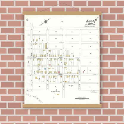 Old map wall art mockup — magnetic wood frame on brick wall — Sanborn Fire Insurance Map from Mauch Chunk, Carbon County, Pennsylvania (1923), Sheet #0009
