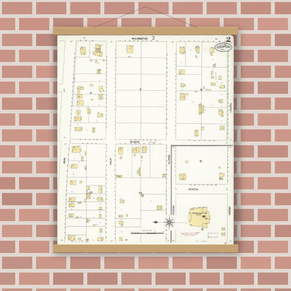 Old map wall art mockup — magnetic wood frame on brick wall — Sanborn Fire Insurance Map from Compton, Los Angeles County, California (1907), Sheet #0002