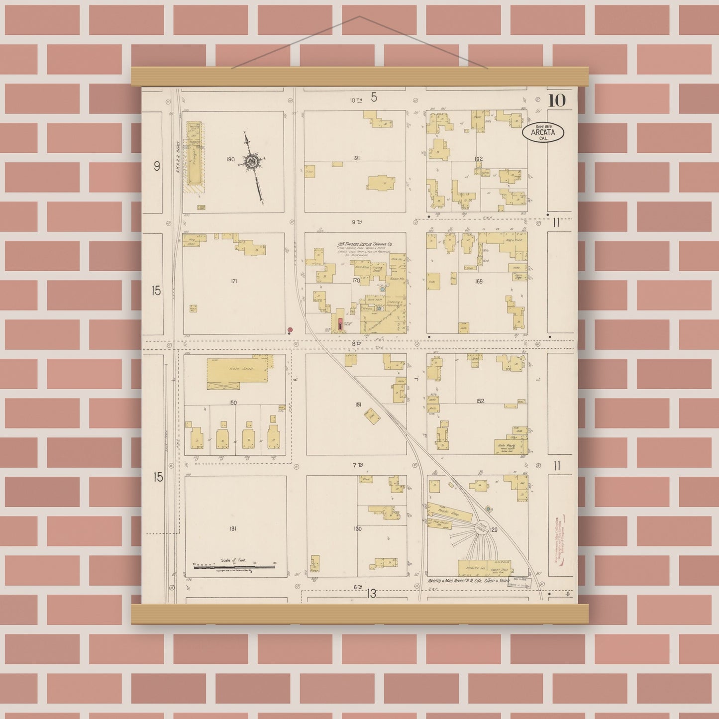 Old map wall art mockup — magnetic wood frame on brick wall — Sanborn Fire Insurance Map from Arcata, Humboldt County, California (1919), Sheet #0010