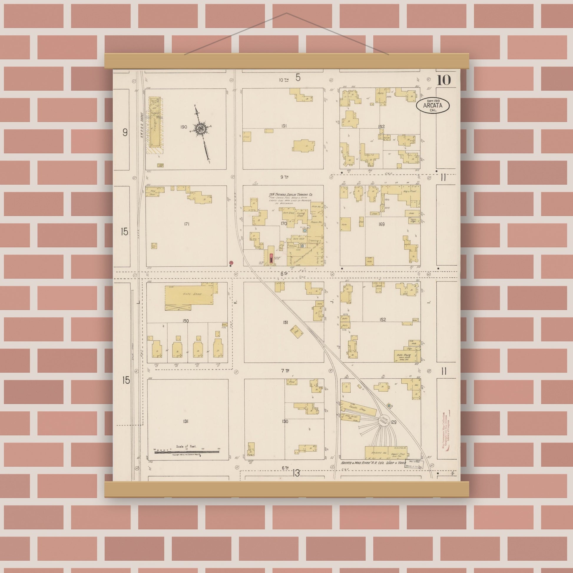 Old map wall art mockup — magnetic wood frame on brick wall — Sanborn Fire Insurance Map from Arcata, Humboldt County, California (1919), Sheet #0010