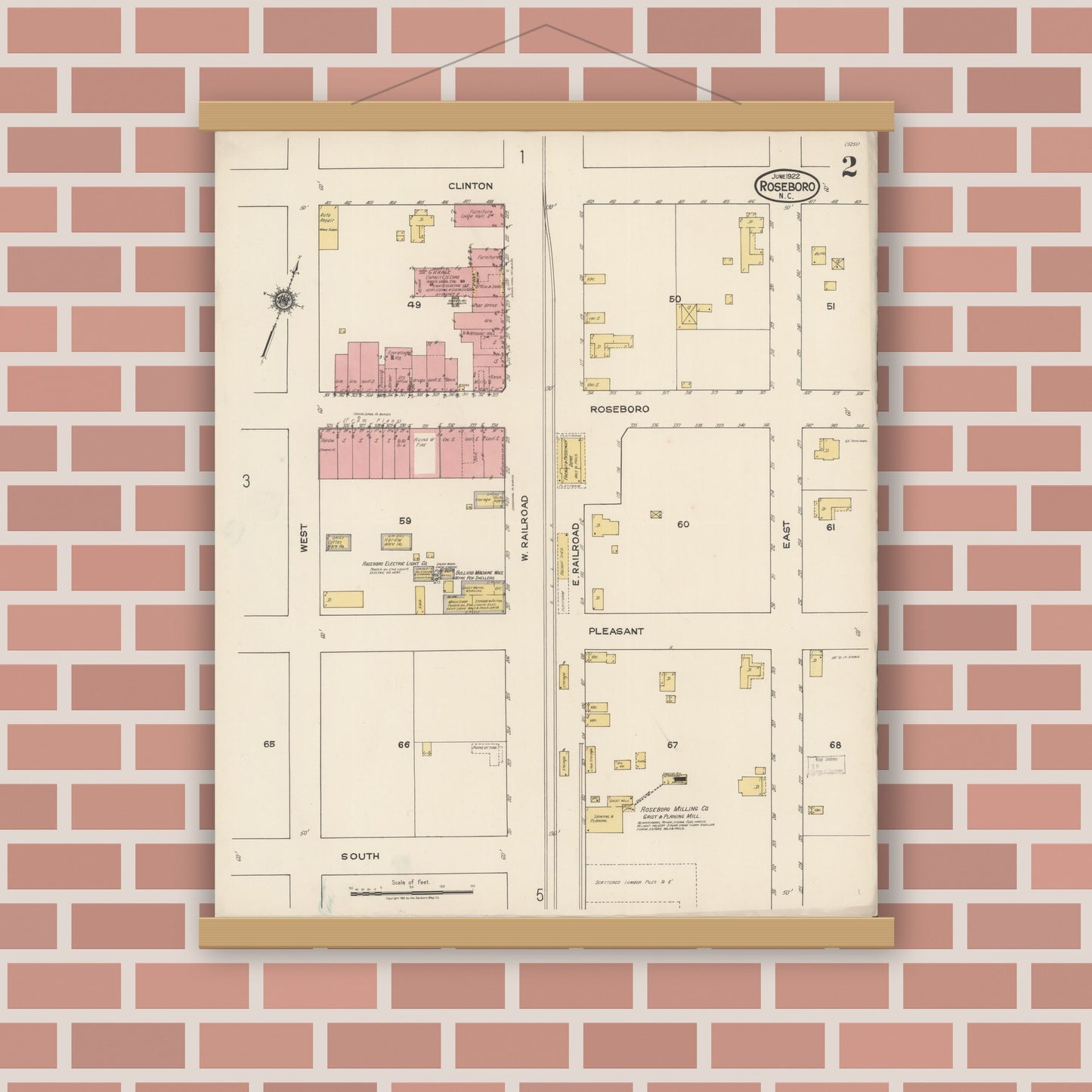 Old map wall art mockup — magnetic wood frame on brick wall — Sanborn Fire Insurance Map from Roseboro, Sampson County, North Carolina (1922), Sheet #0002