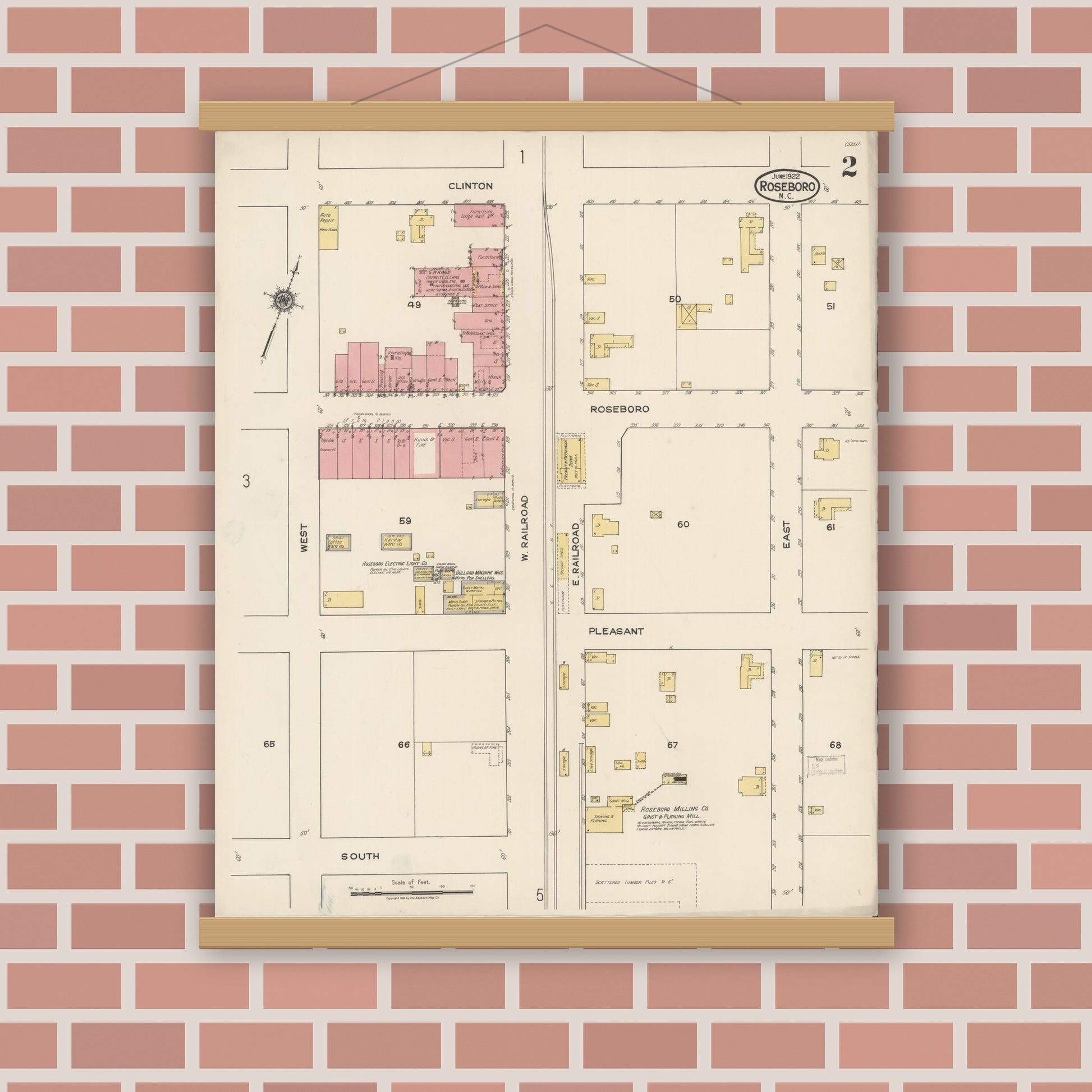 Old map wall art mockup — magnetic wood frame on brick wall — Sanborn Fire Insurance Map from Roseboro, Sampson County, North Carolina (1922), Sheet #0002