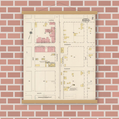 Old map wall art mockup — magnetic wood frame on brick wall — Sanborn Fire Insurance Map from Roseboro, Sampson County, North Carolina (1922), Sheet #0002