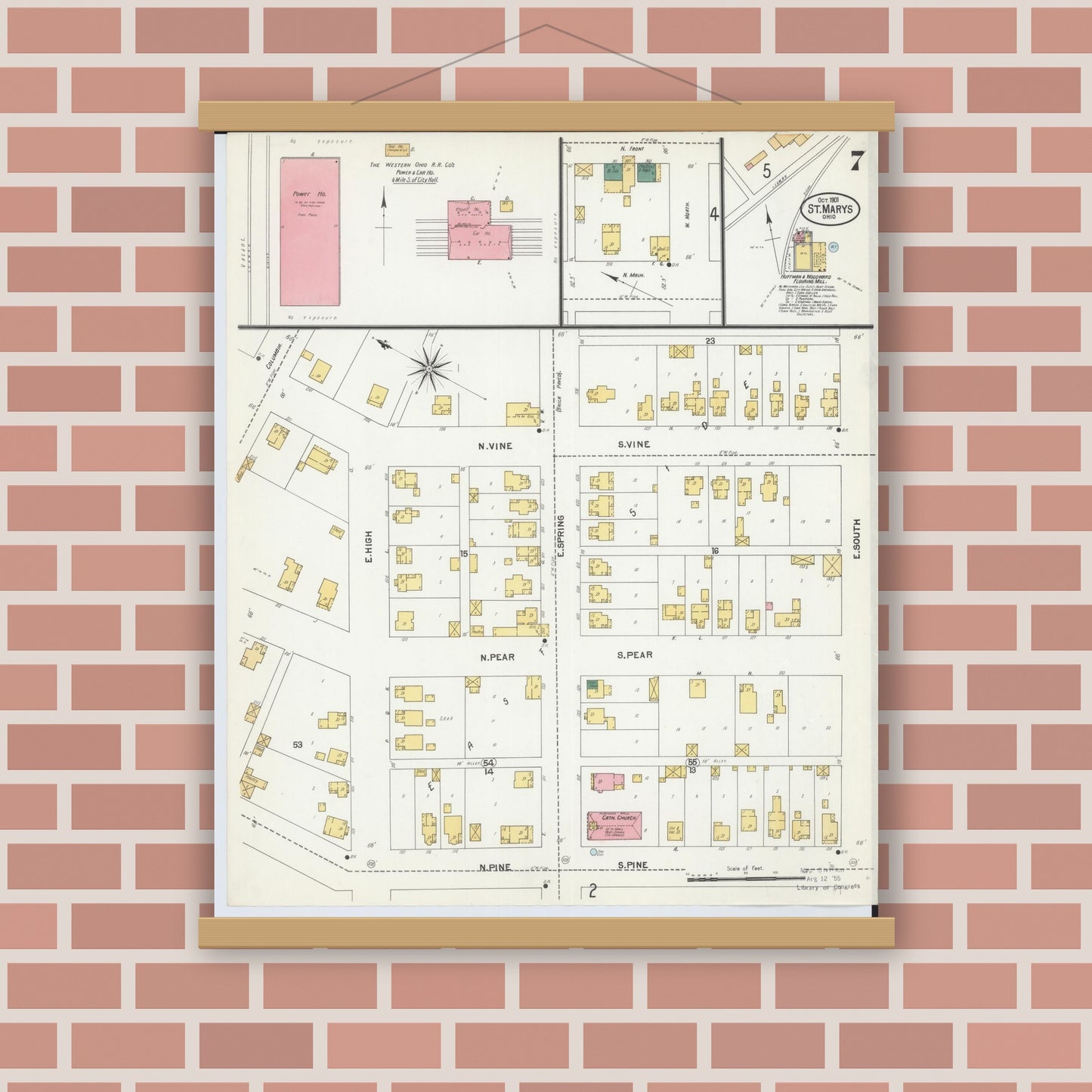 Old map wall art mockup — magnetic wood frame on brick wall — Sanborn Fire Insurance Map from Saint Marys, Auglaize County, Ohio (1901), Sheet #0007