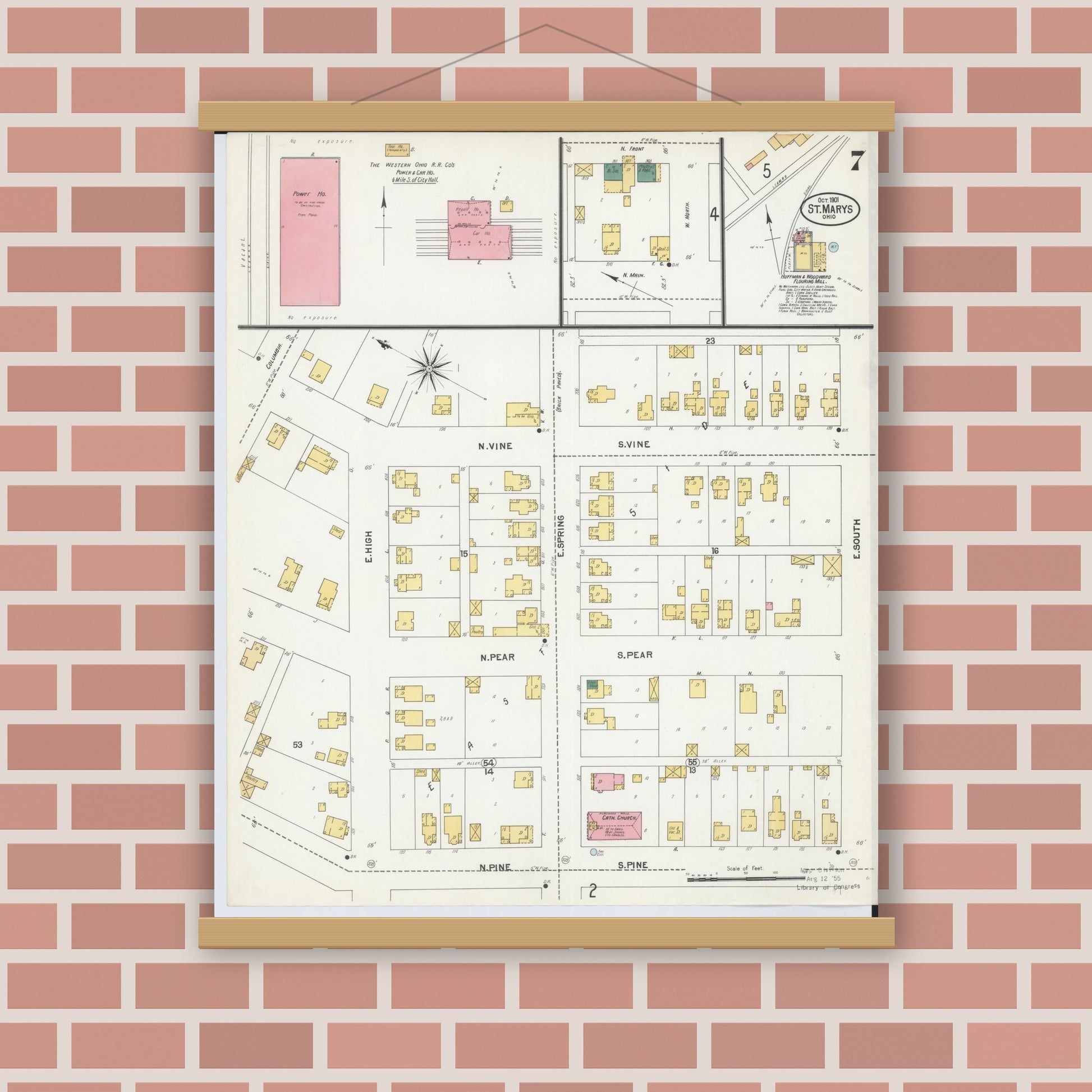 Old map wall art mockup — magnetic wood frame on brick wall — Sanborn Fire Insurance Map from Saint Marys, Auglaize County, Ohio (1901), Sheet #0007