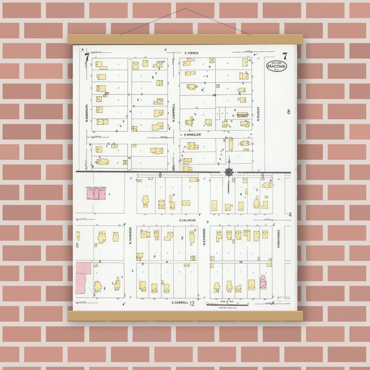 Old map wall art mockup — magnetic wood frame on brick wall — Sanborn Fire Insurance Map from Macomb, Mcdonough County, Illinois (1924), Sheet #0007