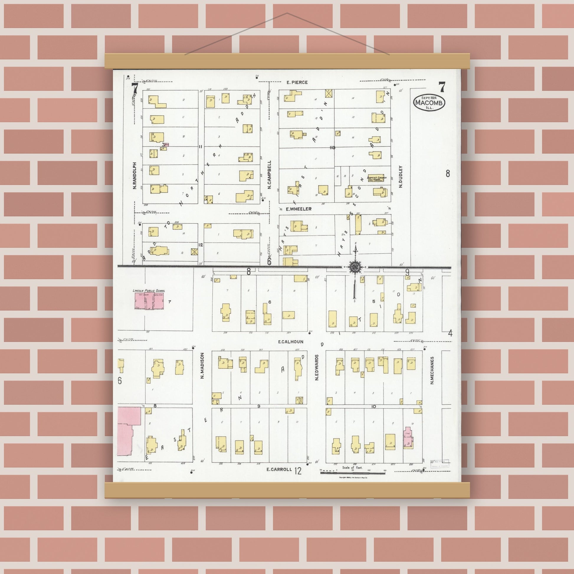Old map wall art mockup — magnetic wood frame on brick wall — Sanborn Fire Insurance Map from Macomb, Mcdonough County, Illinois (1924), Sheet #0007