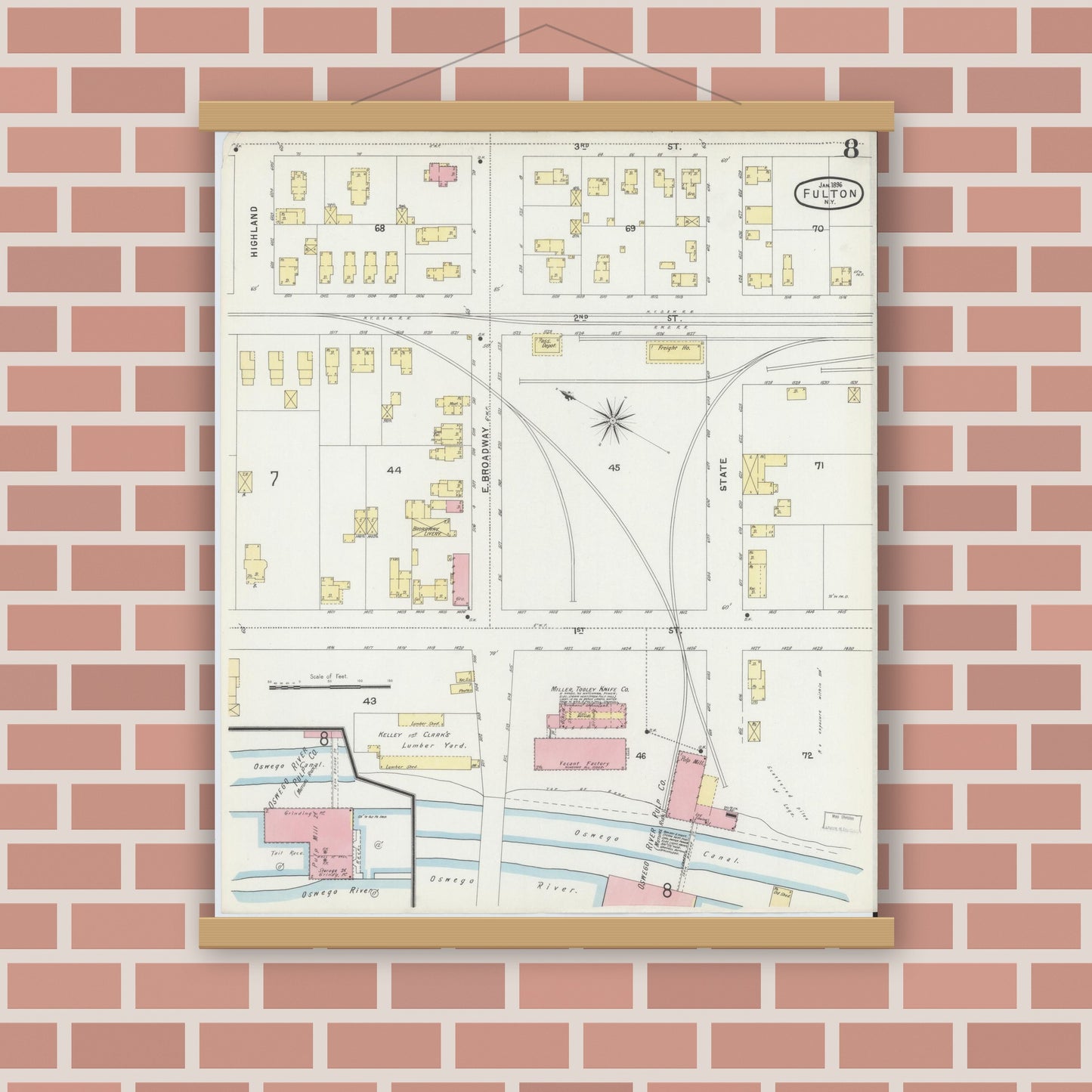 Old map wall art mockup — magnetic wood frame on brick wall — Sanborn Fire Insurance Map from Fulton, Oswego County, New York (1896), Sheet #0008