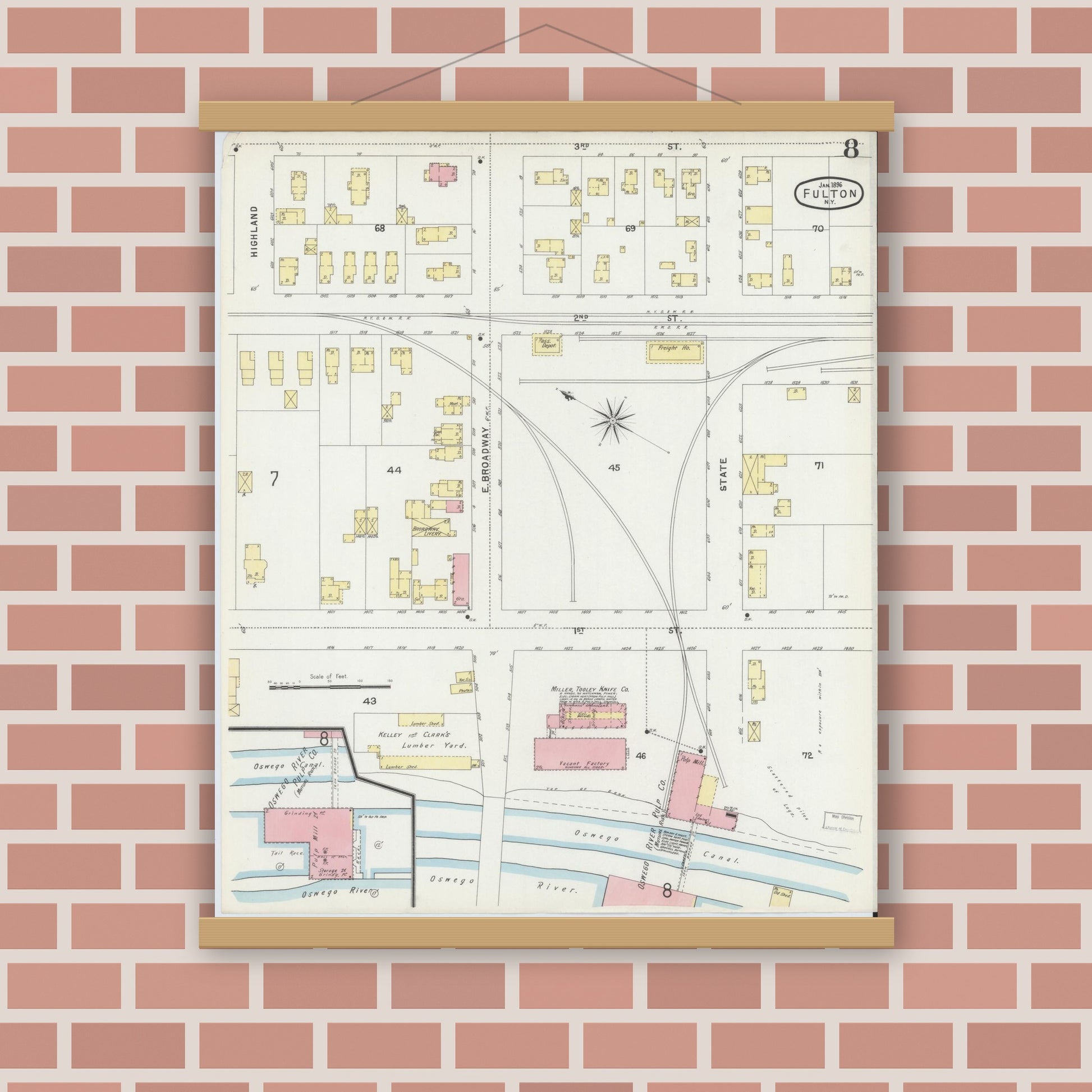 Old map wall art mockup — magnetic wood frame on brick wall — Sanborn Fire Insurance Map from Fulton, Oswego County, New York (1896), Sheet #0008