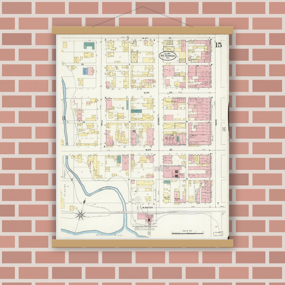Old map wall art mockup — magnetic wood frame on brick wall — Sanborn Fire Insurance Map from Mount Vernon, Posey County, Indiana (1907), Sheet #0015