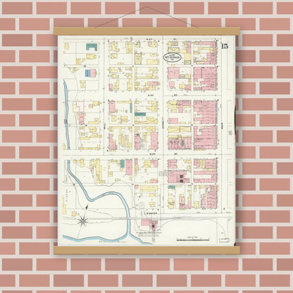 Old map wall art mockup — magnetic wood frame on brick wall — Sanborn Fire Insurance Map from Mount Vernon, Posey County, Indiana (1907), Sheet #0015