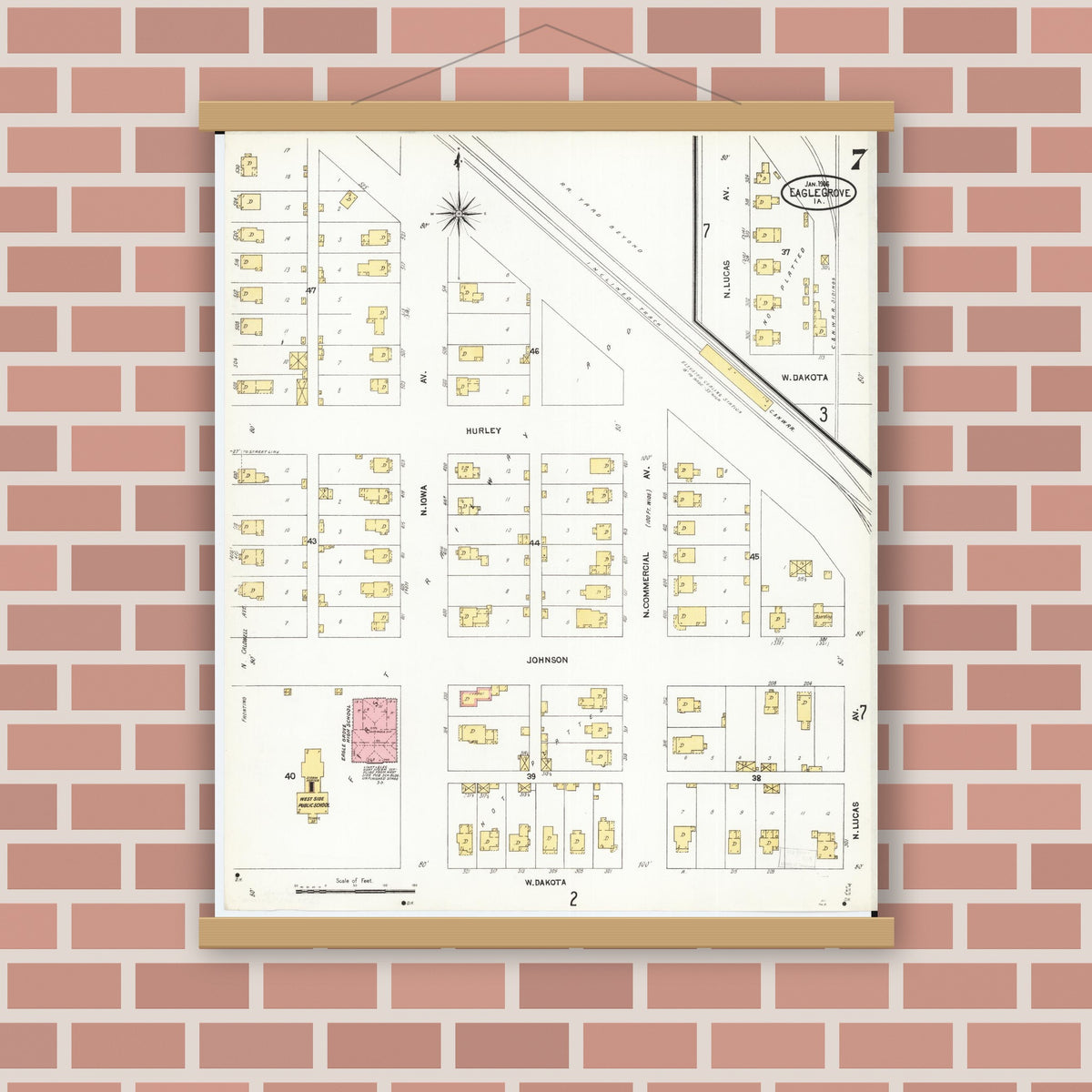 Old map wall art mockup — magnetic wood frame on brick wall — Sanborn Fire Insurance Map from Eagle Grove, Wright County, Iowa (1906), Sheet #0007