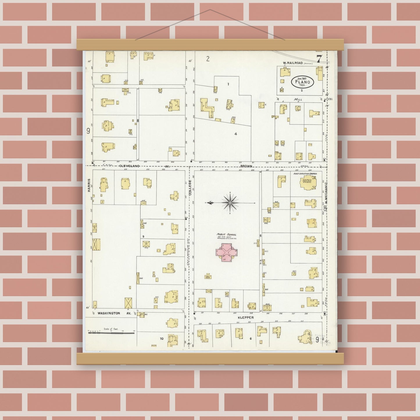 Old map wall art mockup — magnetic wood frame on brick wall — Sanborn Fire Insurance Map from Plano, Collin County, Texas (1907), Sheet #0007