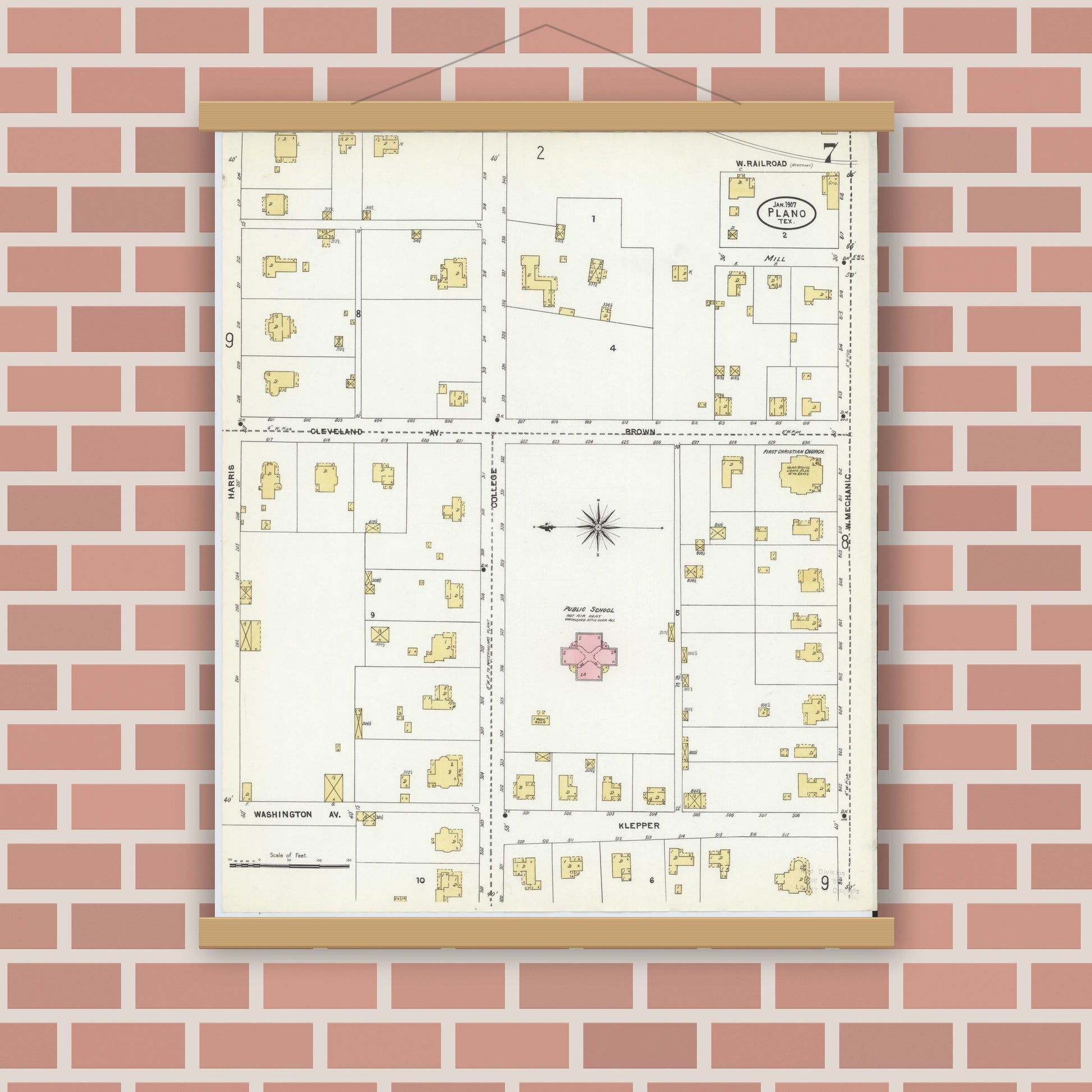 Old map wall art mockup — magnetic wood frame on brick wall — Sanborn Fire Insurance Map from Plano, Collin County, Texas (1907), Sheet #0007