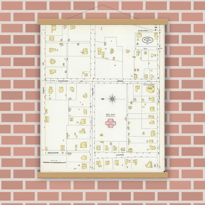 Old map wall art mockup — magnetic wood frame on brick wall — Sanborn Fire Insurance Map from Plano, Collin County, Texas (1907), Sheet #0007