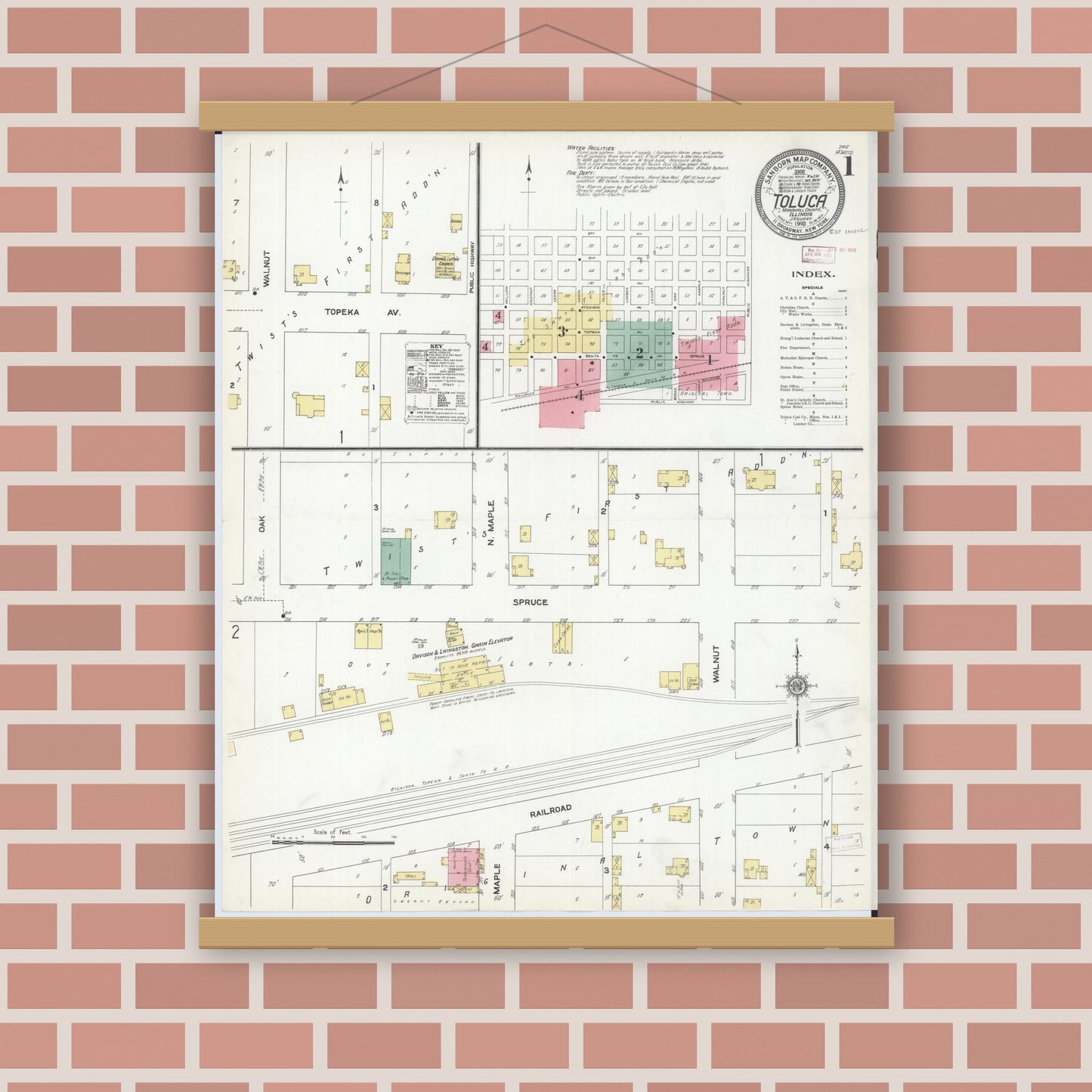 Old map wall art mockup — magnetic wood frame on brick wall — Sanborn Fire Insurance Map from Toluca, Marshall County, Illinois (1910) - Complete Map Set